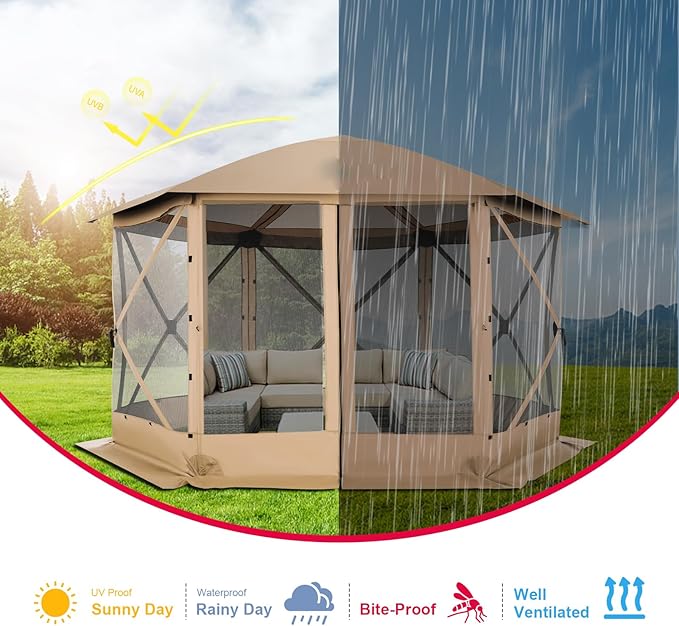 COBIZI 12x12 FT Pop Up Canopy Stargazing Tent, Gazebos On Clearance with Removable Roof, Screened in Gazebo, Screen Tents Portable carpas para Patio for Outdoor Camping,Backyard, Garden, Khaki(Pro)
