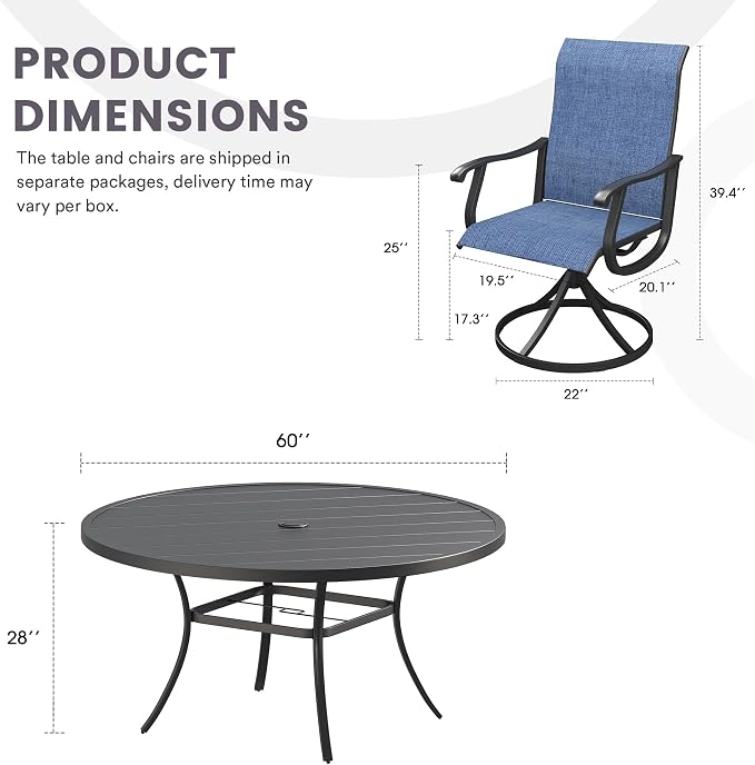 9 Pieces Patio Furniture Dining Set, 8 Textilene Swivel Dining Chairs, 60" Outdoor Round Metal Table with 1.57" Umbrella Hole, Outdoor Dining Set for Porch, Lawn, Garden, Black/Blue