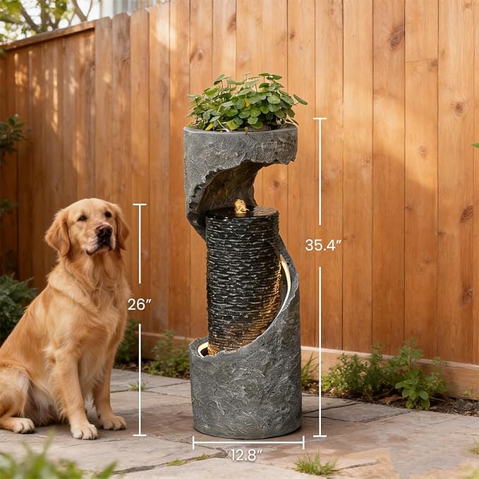 Tankana 35.5" H Water Fountain with Planter, Modern Spiral Waterfall for Outdoor and Indoor, Bubbling Garden Fountain with LED Light for Patio, Deck, and Living Room Corner