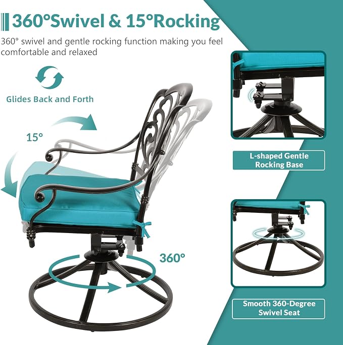 MEETWARM 9-Piece Outdoor Patio Dining Set for 8, All Weather Cast Aluminum Patio Funiture Table and Chairs Set- Large 64" Square Table, 8 Cushioned Swivel Rocker Chairs, 2.2" Umbrella Hole, Ocean Blue