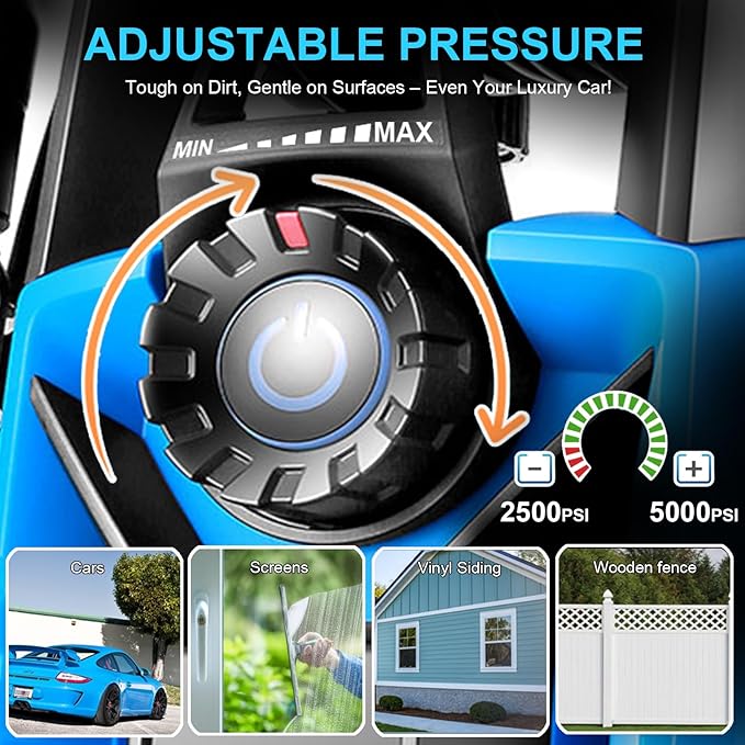 Pressure Washer 5000 PSI Adjustable Pressure, Power Wahser Powered with 33ft Pressure Hose, 4 Nozzles and 500ml Foam Cannon, Powerwahser for Home, Car, Blue
