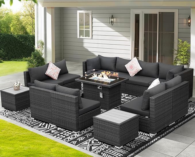 NICESOUL 13 Piece Outdoor Sectional Furniture with Firepit, Contemporary Back Yard Fireplace w/Seating Area, Plus Size 29.3'' High Back Patio Set, All-Weather Wicker Couch for Exterior, Dark Gray