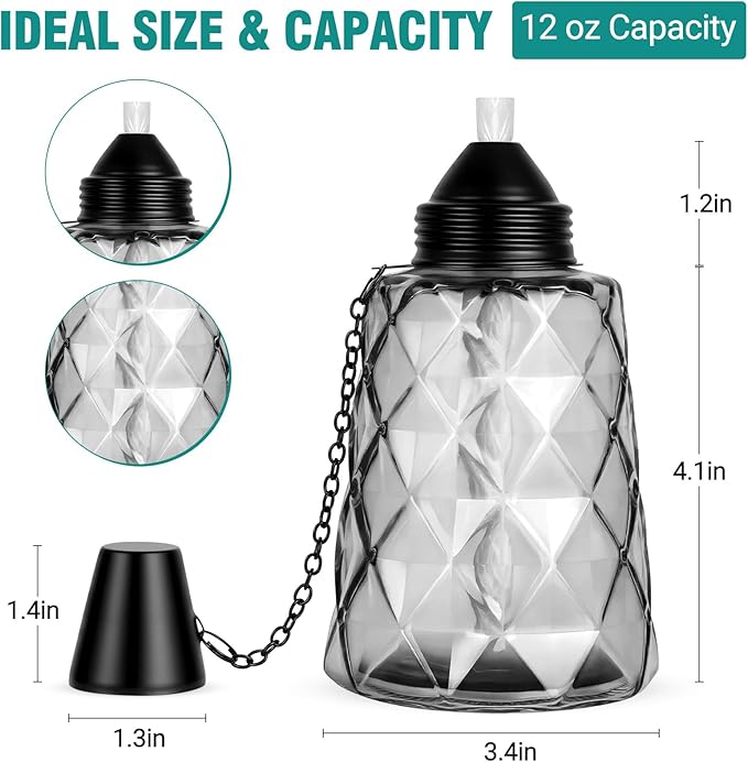 4-Pack Glass Tabletop Torches Outdoor, 12 oz Citronella Torches Canisters with Wick & Cap, for Patio, Backyard, Garden, Parties, Outside Deck (Black)