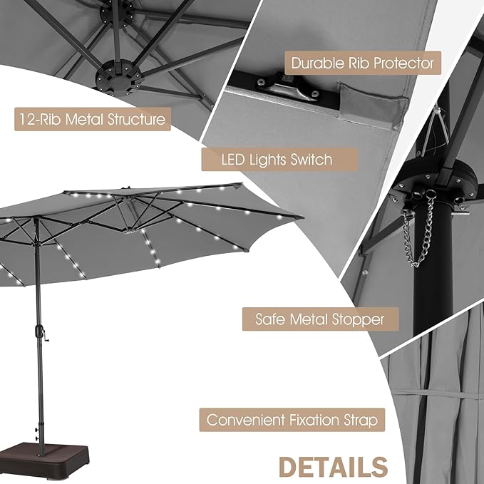 Giantex 15 FT Double Patio Umbrellas with 48 Solar LED Lights, Auto-Charging Panel, Crank System, Outdoor Extra-Large Rectangle Market Table Umbrella for Garden Deck Backyard Beach Pool