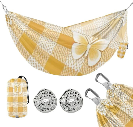 Lovely Yellow Lace Butterfly Plaid 330lb Capacity Camping Hammocks with Portabl Carry Bag Tree Hammock for Indoor Outdoor Patio Base para poner hamaca