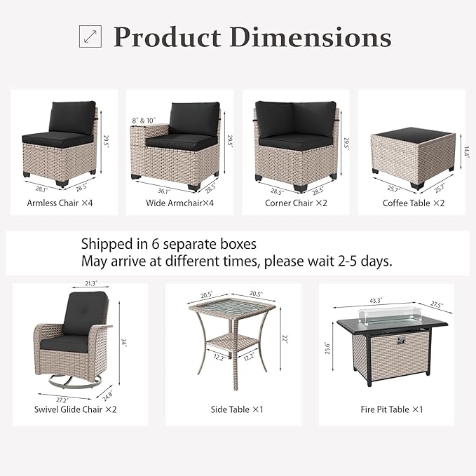 16 Pieces Patio Furniture Set with Fire Pit Table, Outdoor Sectional Wicker Sofa with Thick Cushions, High Back Swivel Rocker Patio Chairs, Rattan Conversation Set with Coffee Table, Black