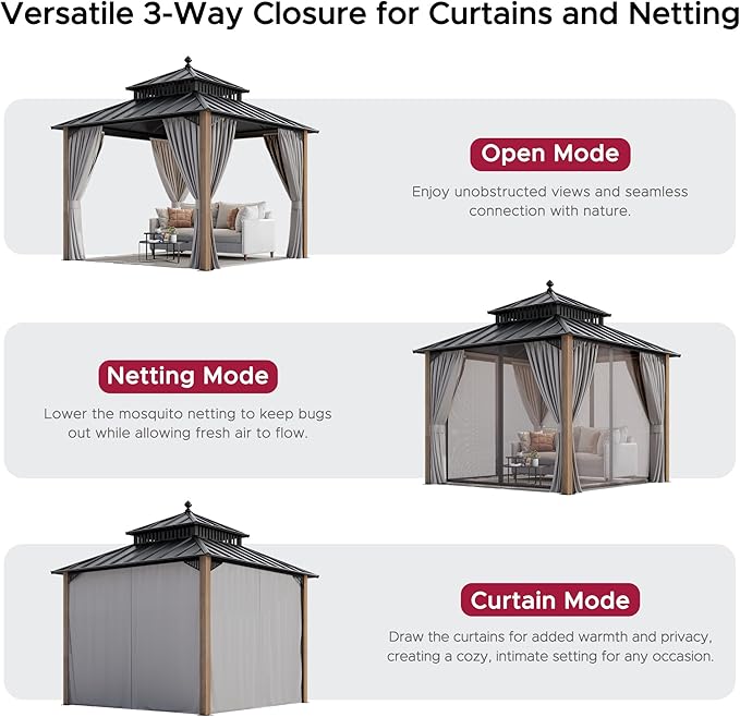 SUNJOY Kingston 10' x 10' Hardtop Wood Gazebo with Galvanized Steel Double Roof, Curtain and Netting, Cedar Posts Permanent Pavilion Gazebo for Garden, Patio, Deck, Lawn