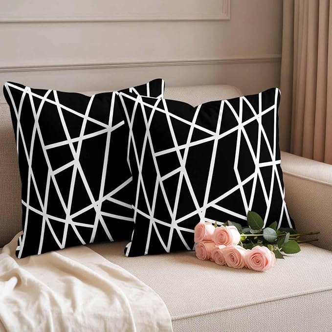 Outdoor Pillow Covers Waterproof, Black Geometric Decorative Square Throw Pillowcases Patio Cushion Covers for Tent/Garden, 26" x 26" 2 Pack, Abstract Stripes Modern Simple