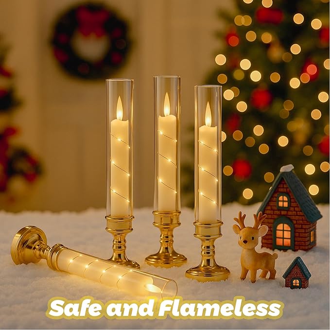 6 PCS Flameless Candles with Timer, Flickering Flameless LED Pillar Candles for Romantic Ambiance with Embedded Star String, Acrylic Battery Perated Fake Candles for Home Decoration (Gold)