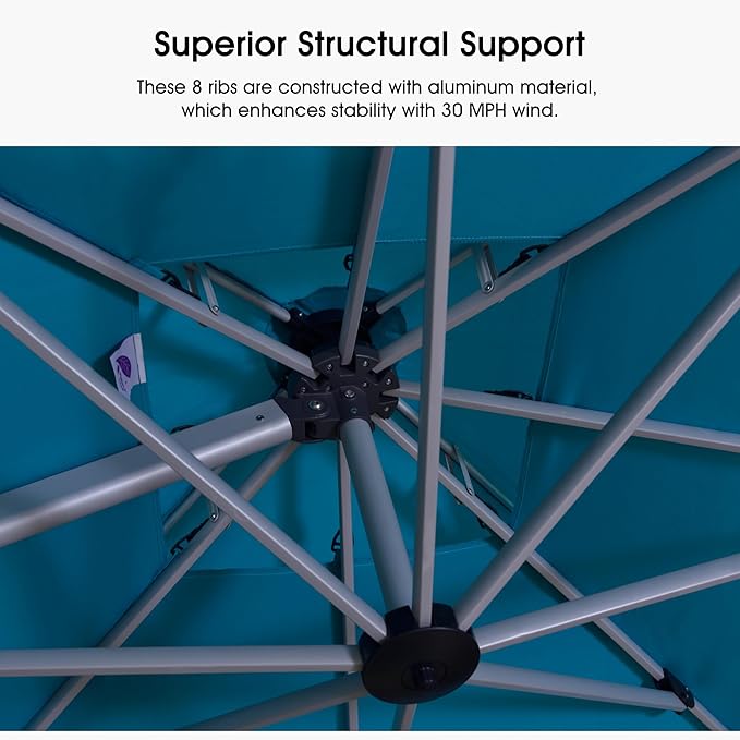 PURPLE LEAF 10 FT Cantilever Patio Umbrellas with Base Included, Large Round Offset Umbrella with 360° Rotation, Outdoor Aluminum Pool Umbrella for Pool Lawn Garden, Turquiose Blue