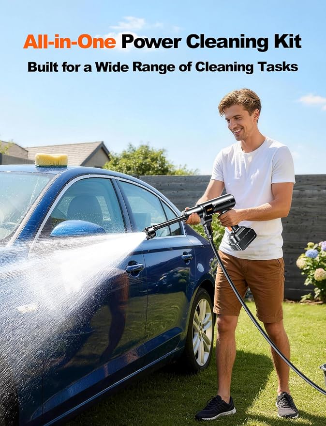 Cordless Portable Car Washer, Handheld Washer with Brushless Motor, 6-in-1 Nozzle and 32 ft Detachable Hose, Battery Powered Washer for Car, Home, Outdoor Patio and Garden Use.