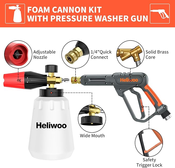 Pressure Washer Gun with Foam Cannon & 50ft Power Washer Hose, 3600PSI Pressure Washing Kit with 15" Extension Wand & 7 Nozzle Tips, 3/8'' Quick Connector & M22 15mm/14mm Fittings