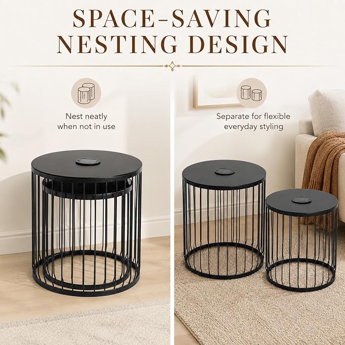 HRVEOCEI Black Round Nesting Coffee Table Set of 2, 2 PCS Small Outdoor Nesting Tables with LED Light for Living Room, Metal Side Table Set for Balcony Patio (45 Inch + LED)