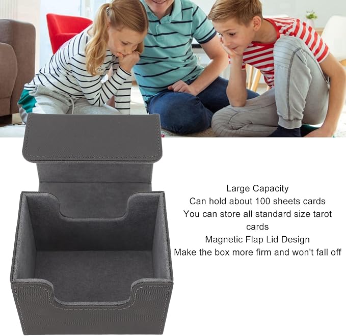 Magnetic Flap Lid Card Deck Box, Large Capacity PU Leather Card Storage Case for Tarot and Game Cards with Felt Lining, Holds 100 Standard Cards for Home or Travel Use (Gray)