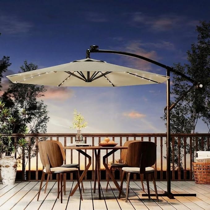 Garvee 10FT Solar Lights Offset Patio Umbrella with Cross Base, Cantilever Umbrella with Easy Lift & Tilt Adjustment, 8 Ribs Sun umbrella UV Protection for Backyard, Pool, Garden, Beige