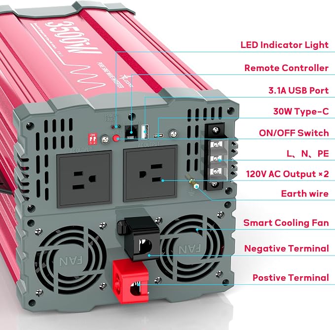 3500 Watt Pure Sine Wave Power Inverter 12V DC to 110V 120V Converter for Home, RV and Off-Grid Solar Systems with Type-C Port, 2 AC Outlets, Dual USB Ports, Remote Control with LCD Screen