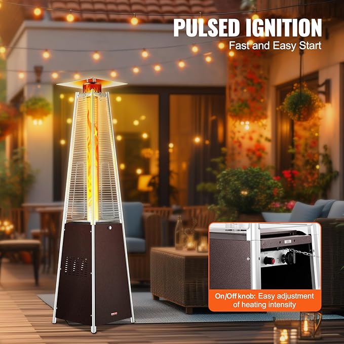 VEVOR Patio Heater for Outdoor Use, 48000BTU Pyramid Propane Heater w/Wheels, Quartz Glass Tube Outdoor Patio Flame Heater for Patio, Party, Backyard, Garden, Decoration, Hammered Bronze