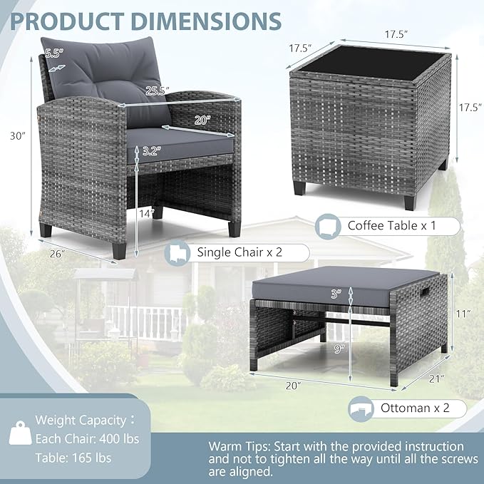 ORALNER 5 Pieces Patio Furniture Set with Ottoman, Wicker Conversation Set w/Cushions, Glass Coffee Table, Outdoor Lounger Rattan Chairs Bistro Set for Porch Balcony Garden Deck Poolside (Grey)