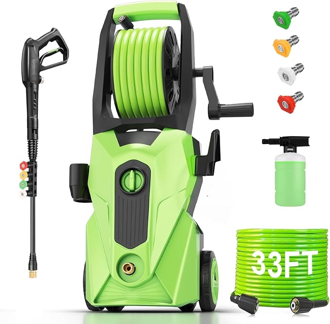 Pressure Washer 5001PSI Power Washers Powered with 33ft Pressure Hose, 4 Nozzle and Foam Cannon, powerwashers for Home, Cars, Fences, Patio, Green