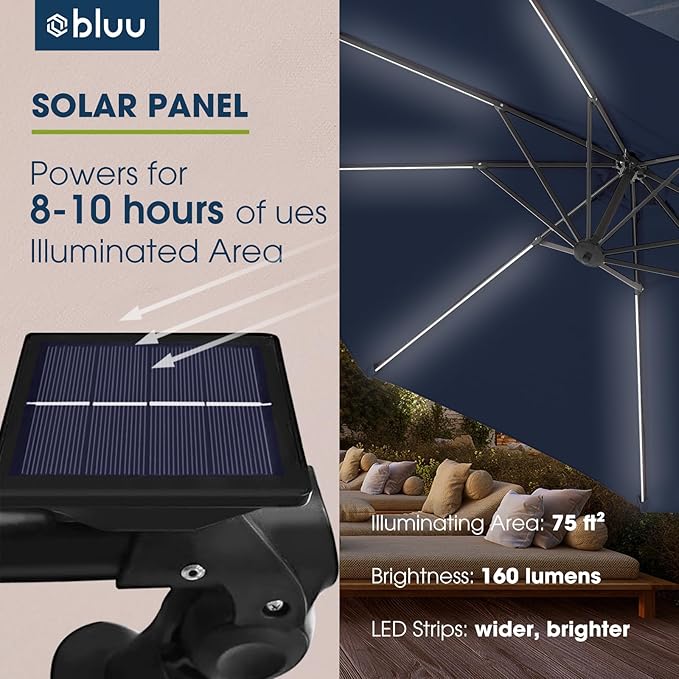 BLUU 10 FT Patio Offset Umbrella Outdoor Cantilever Umbrella Hanging Umbrellas, Fade Resistant Crank & Cross Base (Navy Blue, 10 FT WITH LIGHTS&COVER)