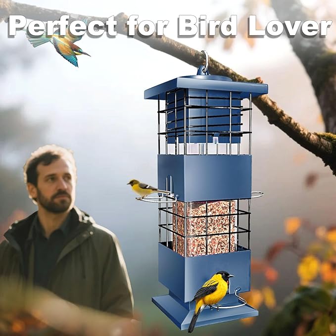 Squirrel Proof Bird Feeder,3Lbs Metal Birdfeeders Anti-Squirrel with 4 Feeding Ports for Outdoors Hanging, Chew-Proof Wild Birdseed Feeder for Cardinal, Sparrow
