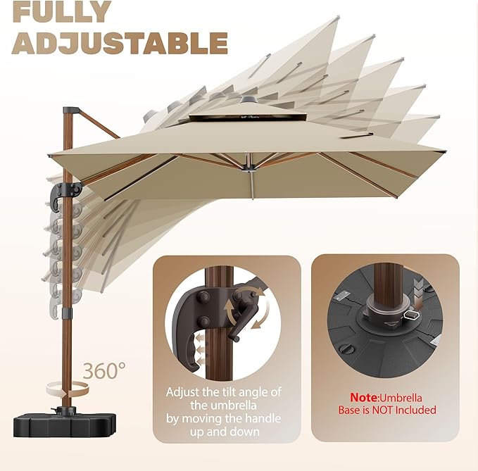 10x13FT Cantilever Outdoor Patio Umbrellas with Base, Double Top Wood Pattern Rectangle Umbrella, Heavy Duty 360°Rotation Offset Umbrella for Garden Deck Pool Patio, Beige