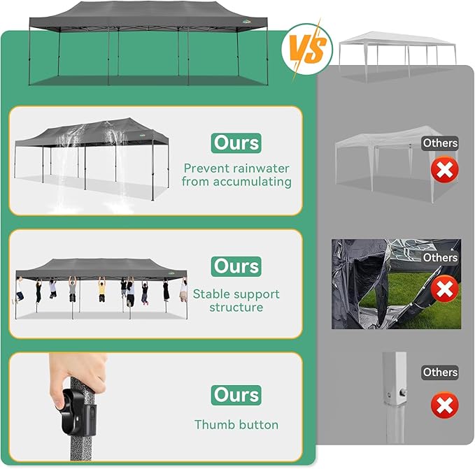 COBIZI 10x30 Pop up Canopy Tent Heavy Duty Without Sidewalls, Easy Set-up Commercial Outdoor Party Tents, 100% Waterproof Wedding Tent Gazebo, 3 Height Adjustable with Wheeled Bag, Gray
