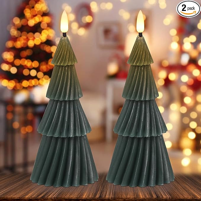 Wondise Christmas Tree Flameless Candles with 6hrs Timer, Real Wax Battery Operated 3D Wick LED Candles Flameless Flickering Candles for Christmas Holiday Decor (2 pcs 3" x 7.1")