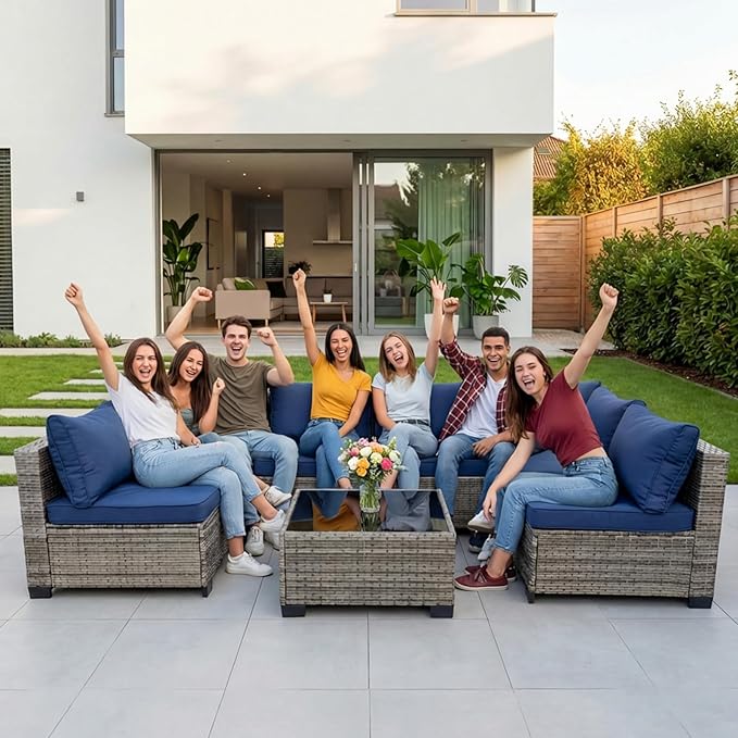 7-Piece Outdoor Wicker Furniture Set, PE Rattan Sectional Sofa with Coffee Table, All-Weather Patio Conversation Set with Thick Cushions for Backyard (Bule)