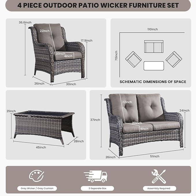 Belord Wicker Furniture 4 Pieces Outdoor Patio Furniture Set Patio Loveseat Sofa Set with Wicker Chairs and Coffee Table, Paito Conversation Set for Porch Garden Deck Balcony Poolside