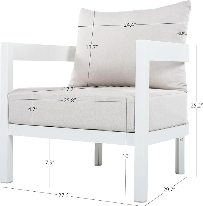 Merax 27.6" Outdoor Curved Patio Accent Chair with All-Weather Coushions, Aluminum Frame Single Lounge for Chair Porch, Lawn, Backyard, Balcony White
