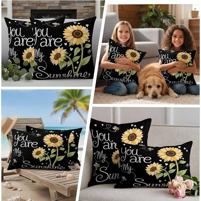 Outdoor Pillow Covers You are My Sunshine Words Decorative Throw Pillow Covers, Country Sunflowers Bees Throw Cushion Case with Zipper for Patio,Couch,Sofa,Garden 20x12in Set of 2