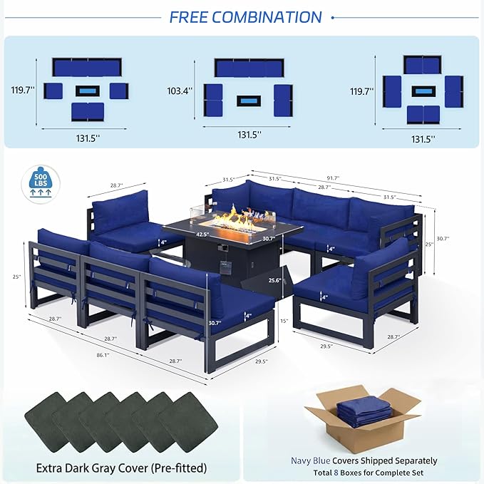 NICESOUL 9 Piece Oversized Modern Aluminum Outdoor Patio Furniture Set with Fire Pit Table, 29" Wide Deep Seat, Fade Resistant Comfy Sectional Sofa, 500 lbs Sturdy Backyard Conversation Set, Navy Blue