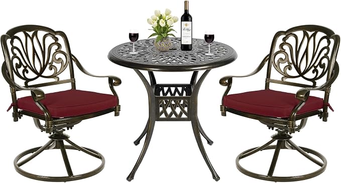 MEETWARM 3-Piece Outdoor Patio Dining Set, All-Weather Cast Aluminum Patio Conversation Set for Backyard Garden Deck with 2 Cushions Swivel Rocker Chairs and 31" Round Table, Umbrella Hole, Chili Red