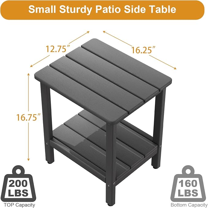 Outdoor Side Table, 2-Tier Small Square Patio Side Table with Adjustable Feet, All-Weather HDPE Adirondack End Tables for Porch Deck Balcony Pool, Easy Maintenance, Grey