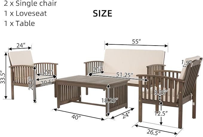 Merax 4 Piece Patio Conversation Table and Chairs Furniture Sets, Acacia Wood Outdoor Dining Couch Sofa for Porch Deck Backyard Lawn Balcony Bistro, Grey+Cream