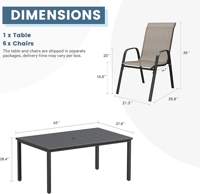 DIFY 7 Piece Outdoor Dining Set, 63" Black Rectangle Metal Patio Table and Brown Textilene Stackable Chairs for 6, All Weather Patio Furniture Set with Umbrella Hole for Backyard Garden Deck