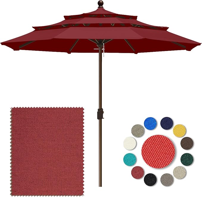 Eurmax USA 10-Year-Non-Fading 10FT 3-Tier Outdoor Patio Market Umbrella,UPF50+ UV Resistant,Heavy Duty Commercial Grade,Crank Lift Design,Windproof Vented Top for Garden,Pool,Deck,Burgundy
