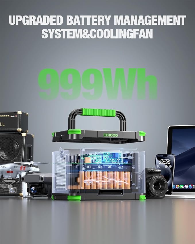 GRECELL 999Wh Solar Generator 1000W, Portable Power Station with 60W USB-C PD Output, 120V Pure Sine Wave AC Outlet Backup Lithium Battery for Outdoors Camping Travel Hunting Home (Peak 2000W)