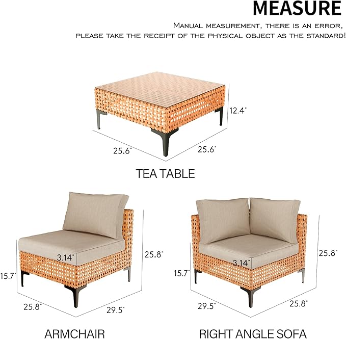 12 Piece Outdoor Patio Furniture Set Modular Outdoor Furniture Set Wicker Outdoor Sectional Sofa with Cushions and Tea Table Patio Set for Balcony Porch Deck Yard (Salmon&Orange Wicker, Sand Cushion)