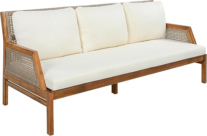 Christopher Knight Home Pony 3 Piece Acacia Wood Patio Conversation Sofa with Coffee Table and Ottoman, Outdoor 3-Seater Sofa Set for Backyard, Outdoor Patio Furniture Set, Teak+Cream+Brown