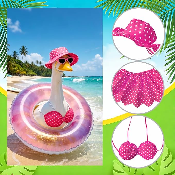 Hawaiian Porch Goose Outfit with Sunglasses & Wreath, Goose Summer Outfit Porch Goose Bikini Clothes Costume Fits 23" Geese Statue, Summer Garden Lawn Patio Yard Outdoor Decor (Summer style-Pink)