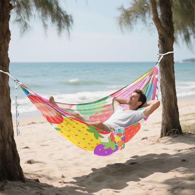Colorful Cartoon Strawberry Fruit 330lb Capacity Camping Hammock Fabric Hammock for Patio Backyard Lounge Base macas mexicanas de Patio para Adulto