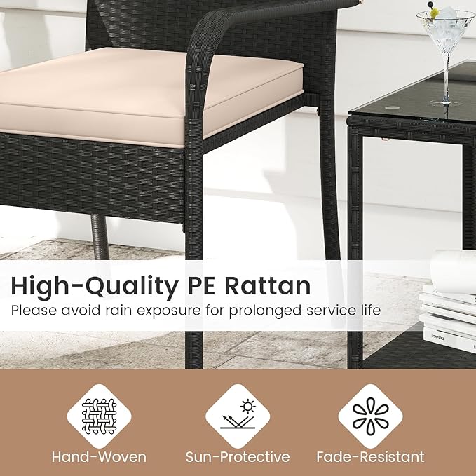 Tangkula 3 Pieces Patio Furniture Set, PE Rattan Outdoor Cushioned Conversation Chairs with 2-Tier Tempered Glass Tabletop Table, for Balcony, Garden and Poolside (Beige)