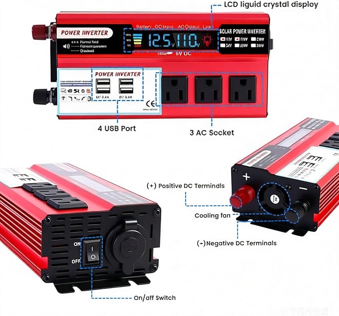 1000W Power Inverter for Vehicles,DC 12V to 110V AC,3 AC Outlets & 4 USB Ports car Plug in Adapter Outlet with 1 Cigarette Lighter Ports car Power Inverter