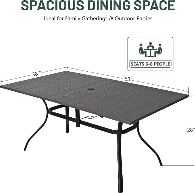 Anmutig Outdoor Rectangle Dining Table 6-Person with 1.57" Umbrella Hole Metal Steel Backyard Bistro Table for Garden, Poolside, Backyard, Brown Top