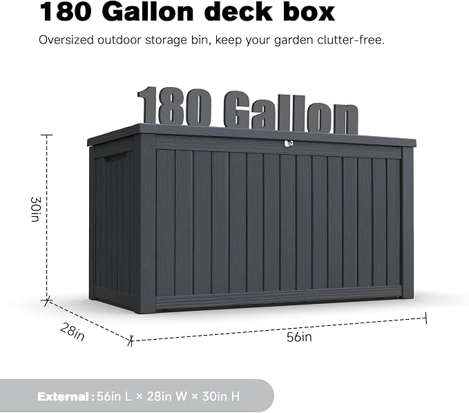 XXL Deck Box Outdoor Storage, Large Waterproof Resin Deck Boxes with Double-Wall Construction, Lockable Patio Storage for Furniture Cushions Garden Tools Pool Supplies, Black (180 Gallon)