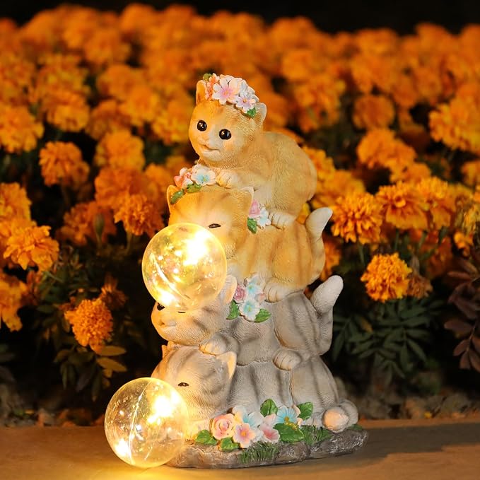 Cat Garden Statue, Orange Cats with Bubble Solar Lights, Cat Lovers Gifts | Stacked Cats Solar Lantern Lights, Lawn Ornaments for Outside Clearance, Yard, Patio, Porch Decor and Gardening Gift