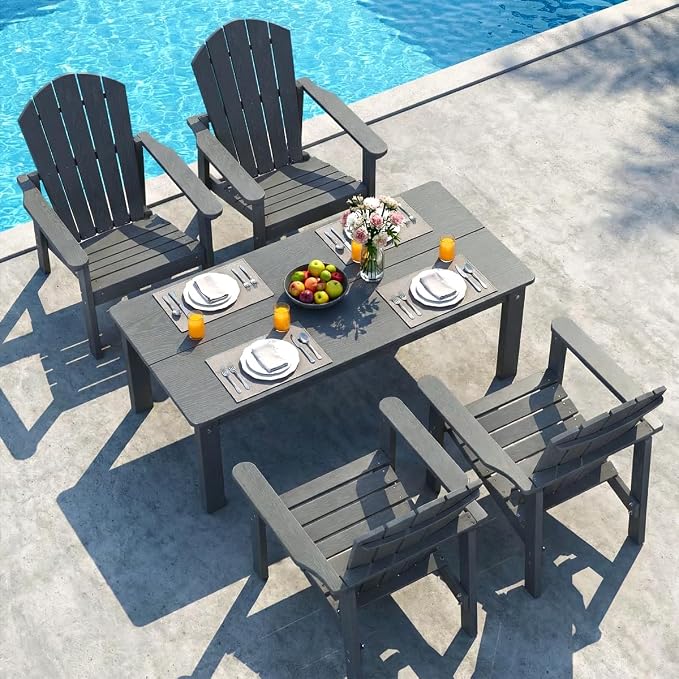 nevilywood 5-Piece HDPE Adirondack Chair Set, 4 Stackable Chairs Coffee Table, All-Weather Wood Grain, Patio Garden Backyard,Gray