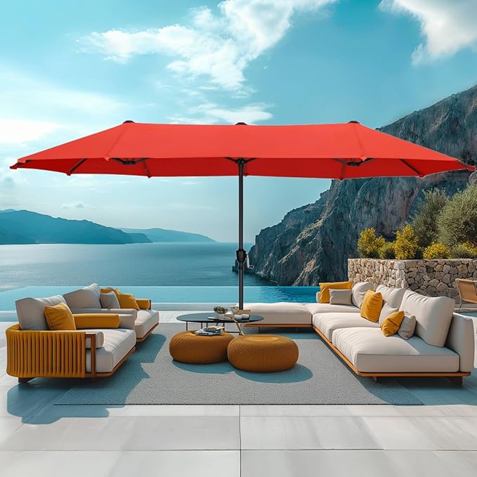 MFSTUDIO 13ft Outdoor Patio Umbrella, Double Sided Large Rectangular Umbrella Market Table Twin Triple Rectangle Umbrellas with Crank Handle for Outside Picnic Backyard Deck Pool (no base)